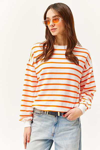 Olalook Women's White Neon Orange Basic Soft Textured Casual Sweatshirt SWT-19000457