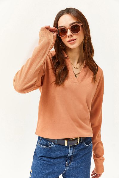 Olalook Dünner Strickpullover mit Polokragen in Lachsfarben für Damen KZK-19000789