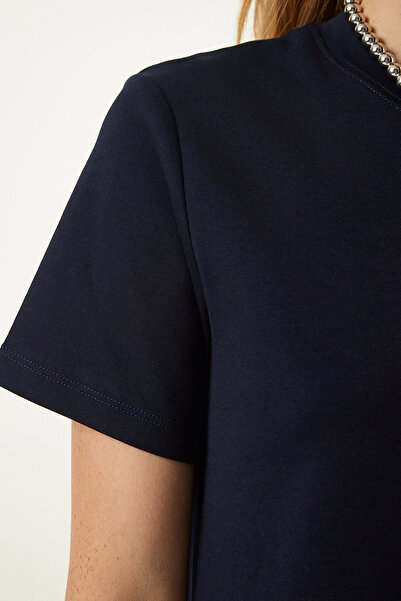 Happiness İstanbul Női sötétkék nyakú, alkalmi fésült pamut ruha OW00026