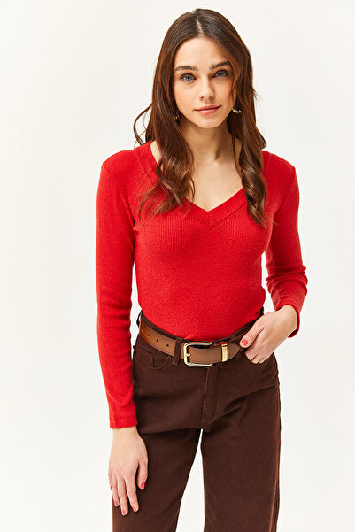 Olalook Kadın Kırmızı Kalın Bantlı V Yaka Şardonlu Bluz BLZ-19002387