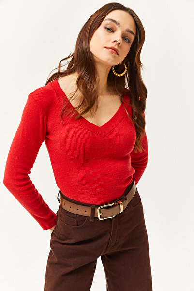 Olalook Kadın Kırmızı Kalın Bantlı V Yaka Şardonlu Bluz BLZ-19002387