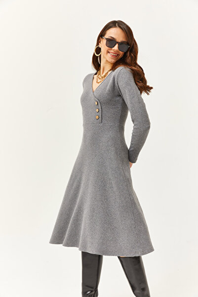 Olalook Dámske detailné dvojradové midi zvonové šaty s údeným gombíkom ELB-19002031