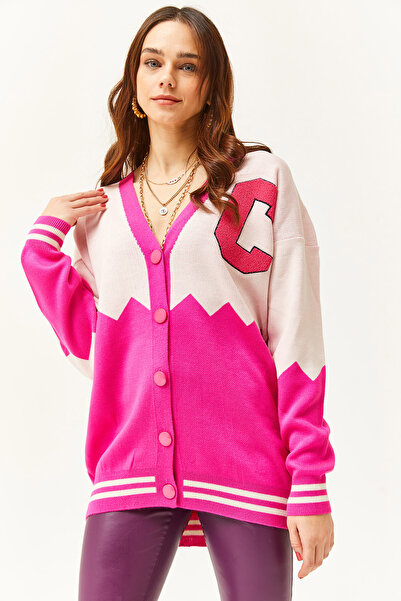 Olalook Women's Fuchsia Zigzag Letter Detailed Oversize Knitwear Cardigan HRK-19000277