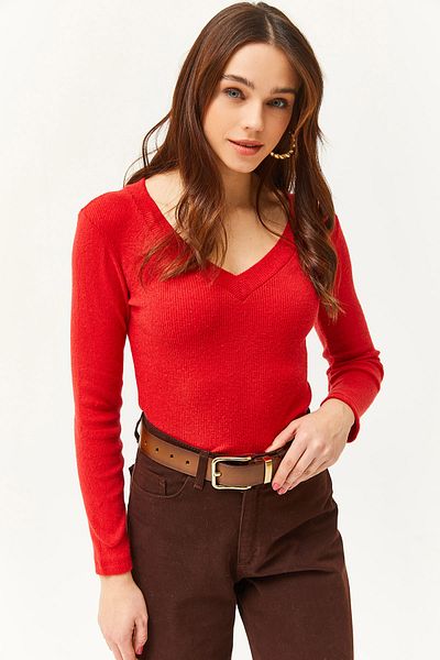 Olalook Women's Red Thick Banded V-Neck Hooded Blouse BLZ-19002387