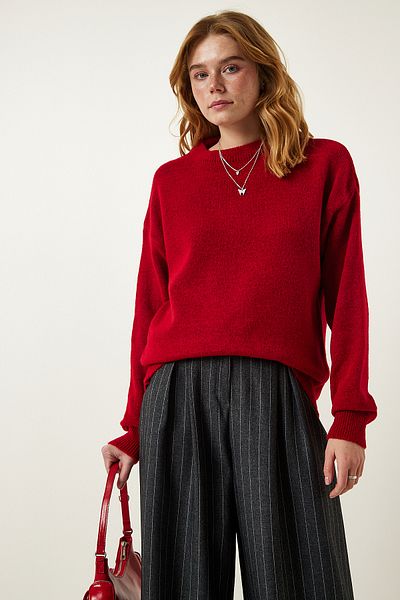 Happiness İstanbul Női Red Crew Neck Basic kötöttáru pulóver YY00201