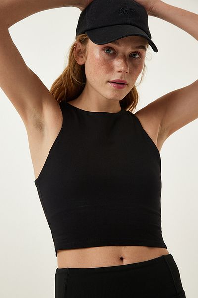 Happiness İstanbul Women's Black Halter Neck Crop Knitted Blouse OW00027