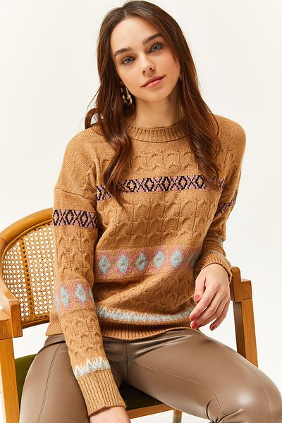 Olalook Дамски суитшърт Camel Baklava с мека текстура на райета KZK-19000790