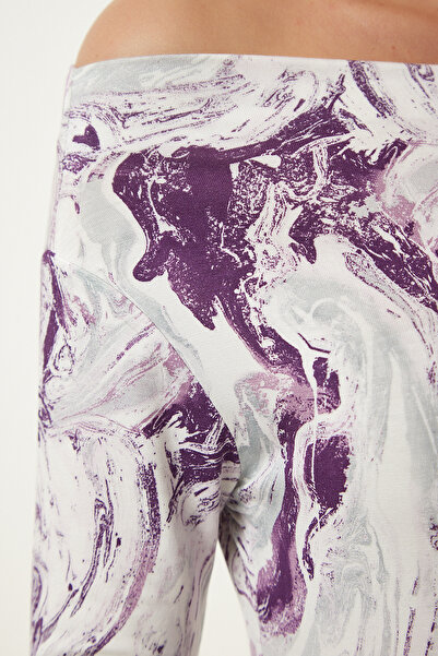 Happiness İstanbul Kadın Mor Kayık Yaka Desenli Viskon Örme Bluz RX00047