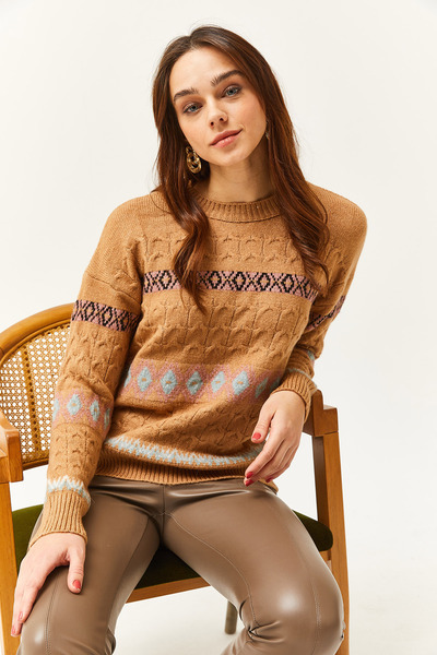 Olalook Dámská mikina Camel Baklava s pruhovanou měkkou texturou KZK-19000790