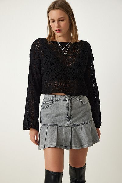 Happiness İstanbul Schwarzer, saisonaler Strickpullover mit U-Boot-Ausschnitt und durchbrochenem Muster für Damen MW00144