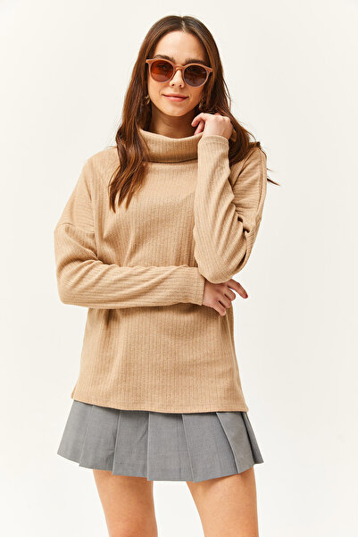 Olalook Dámská halenka s velbloudím límcem Degaje, žebrovaná volná halenka BLZ-19002480