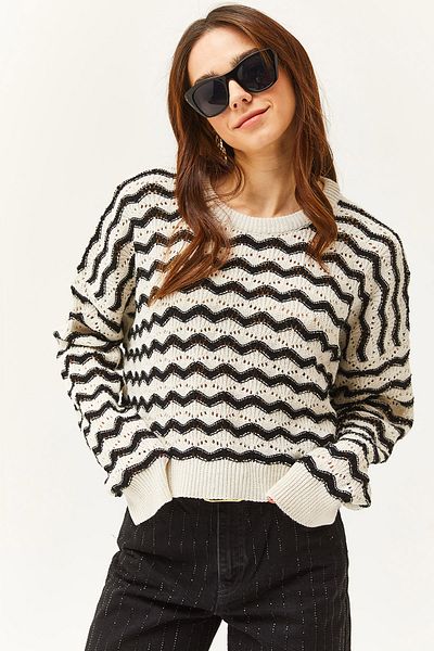 Olalook Women's Ecru Black Wave Striped Openwork Seasonal Knitwear Blouse BLZ-19002477