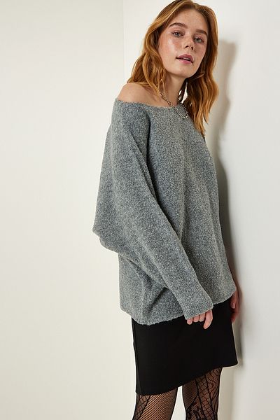 Happiness İstanbul Grauer saisonaler Oversize-Strickpullover mit U-Boot-Ausschnitt für Damen YG00105