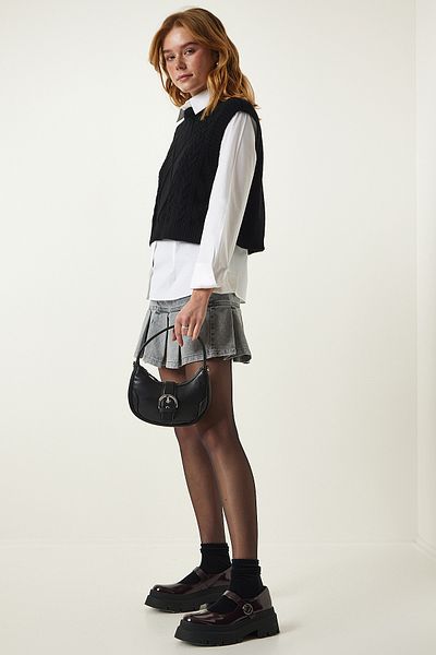Happiness İstanbul Woman's Black Motif Tie-Up Crop Knit Suede MW00131