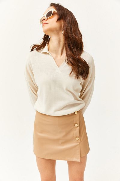 Olalook Women's Bone Polo Collar Thin Knit Sweater KZK-19000789