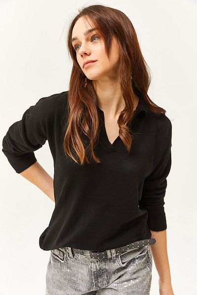 Olalook Pulover de damă negru din tricot subțire cu guler polo KZK-19000789