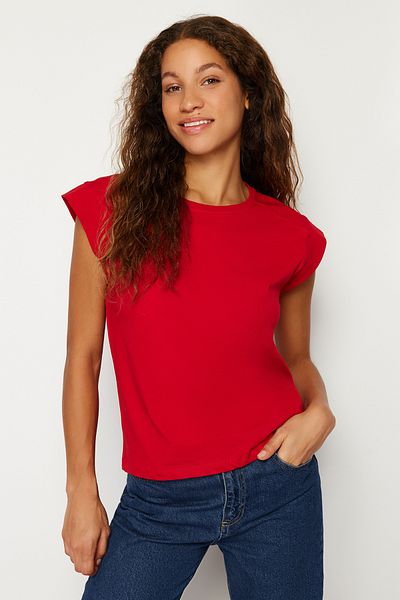 Trendyol Collection Red Rib Detailed Moon Sleeve Basic Knitted T-Shirt TWOSS24TS00008