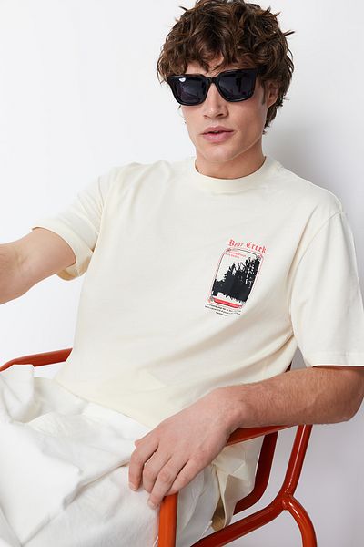 Trendyol Collection Βαμβακερό μπλουζάκι με μπεζ στάμπα - TMNSS22TS1422