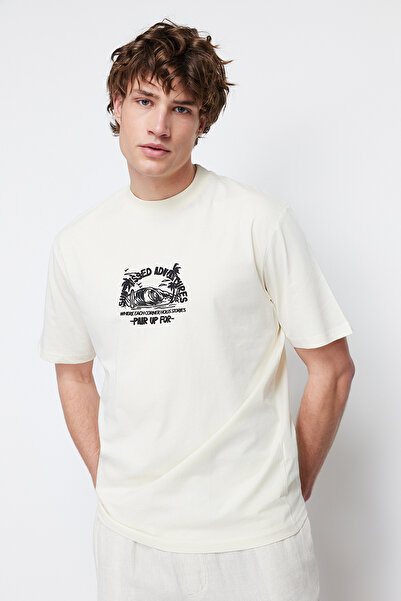 Trendyol Collection Fluffy Oversize Landscape Printed Cotton T-Shirt - Tmnss24Ts00013