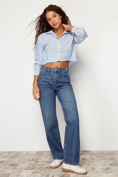 Trendyol Collection Blugi largi cu talie înaltă cu detaliu albastru TWOSS24JE00112