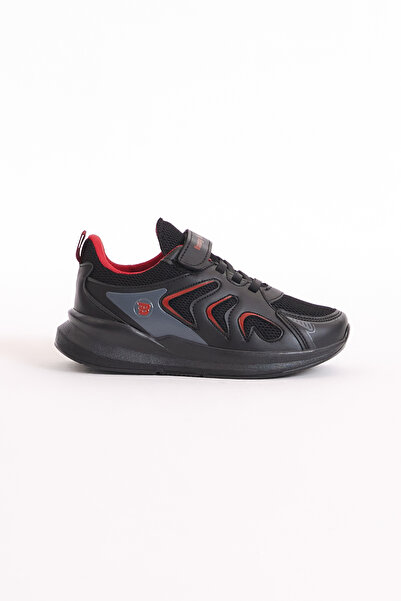 Tonny Black Children's Unisex Black Red Breathable Fabric Patterned Velcro Sports Shoes