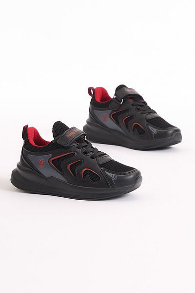 Tonny Black Children's Unisex Black Red Breathable Fabric Patterned Velcro Sports Shoes