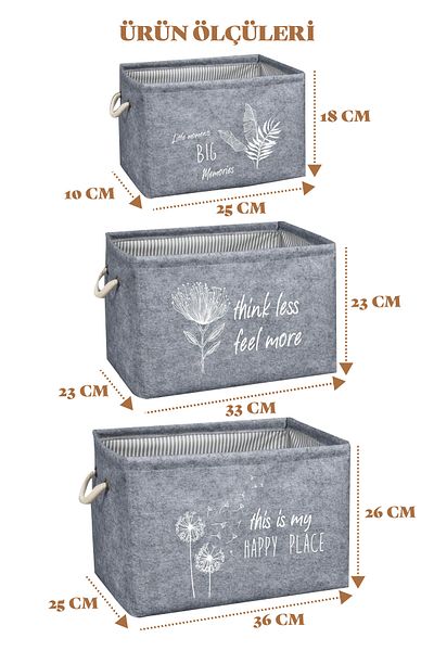 Manken İstanbul Merva Set of 3 Felt, Handled Shelf Organizer, Multi-Purpose Organizer