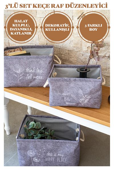Manken İstanbul Merva Set of 3 Felt, Handled Shelf Organizer, Multi-Purpose Organizer