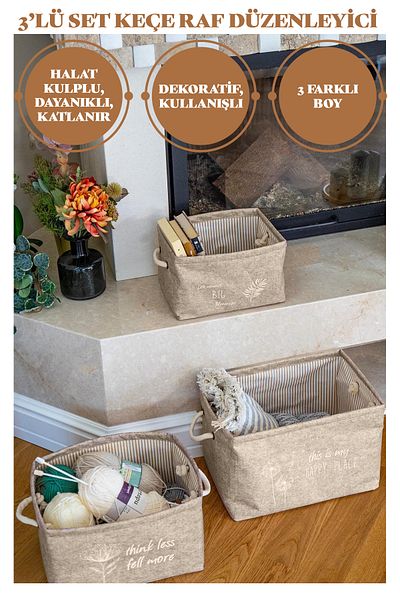 Manken İstanbul Merva Set of 3 Felt, Handled Shelf Organizer, Multi-Purpose Organizer