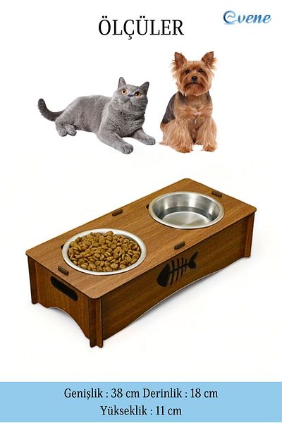 Evene Cat Food and Water Bowl - 2 Steel Bowl Model, 5 Walnut Cat Food Bowl