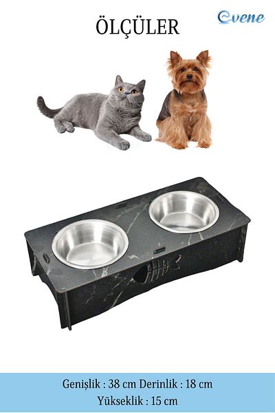 Evene 2 Steel Bowls Model 5 Black Marble - Cat Food, Water and Food Bowl