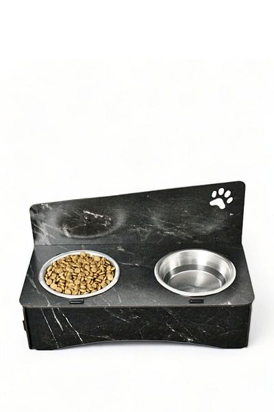 Evene 2 Steel Bowl Models - Cat Food, Water and Food Bowl, Black Marble Set of 2