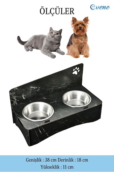 Evene 2 Steel Bowl Models - Cat Food, Water and Food Bowl, Black Marble Set of 2
