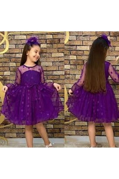 TİNİMİNİ BABY GİYİM Puantiyeli mor astarlı tül elbise saç tokası