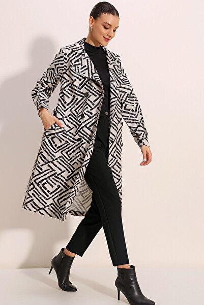 CoolLook Kruvaze Ceket Yaka Düğmeli Desenli Yan Cepli Kuşaklı Uzun Kol Astarsız Mevsimlik Diz Altı Trençkot