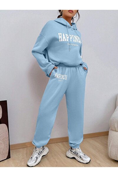 MODARİCH Kadın Bebe Mavi Happiness Alt Üst Eşofman Takımı Oversize Kapüşonlu