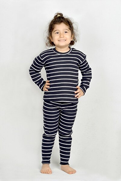 Berat moda Lacivert Beyaz Çizgili Esnek Fitilli Kaşkorse Kumaş Kız - Erkek Çocuk Takım