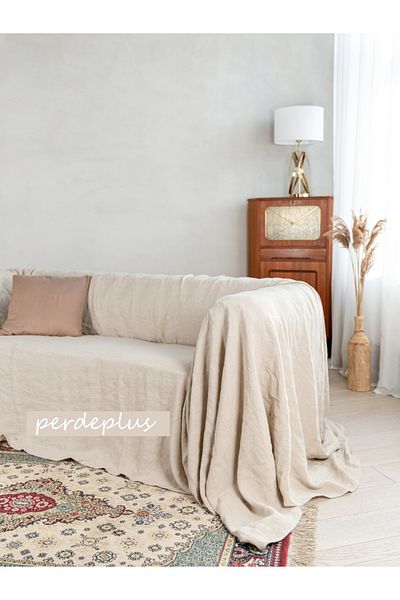 Perdeplus غطاء أريكة من الكتان الخام العضوي، غطاء أريكة، غطاء سرير 180 × 300 سم (3-4 مقاعد)