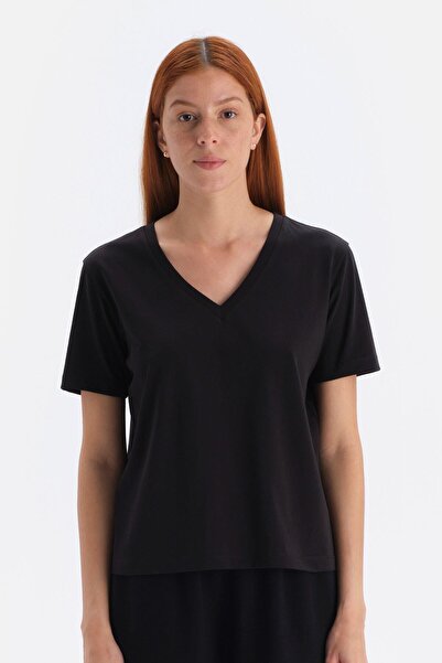 Dagi Tricou negru cu mânecă scurtă din bumbac interlock cu decolteu în V