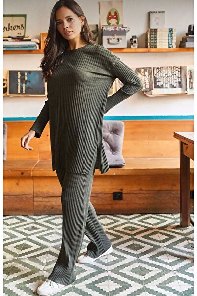 Genel Markalar Kadın Haki Üst Yırtmaçlı Bluz Alt Palazzo Fitilli Takım iki01001