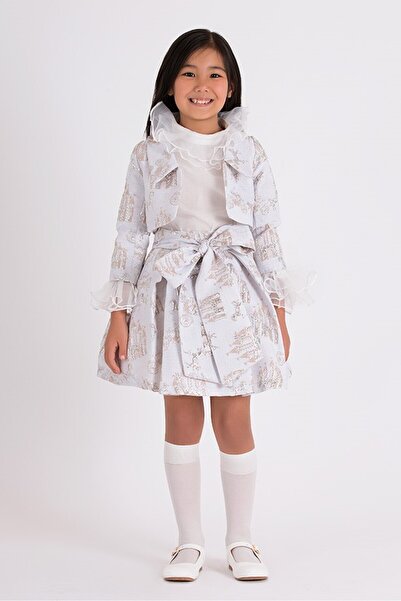 GOOSE Kız Çocuk Beli Fiyonklu Atlı Karınca Desenli Jakarlı Ekru Etek