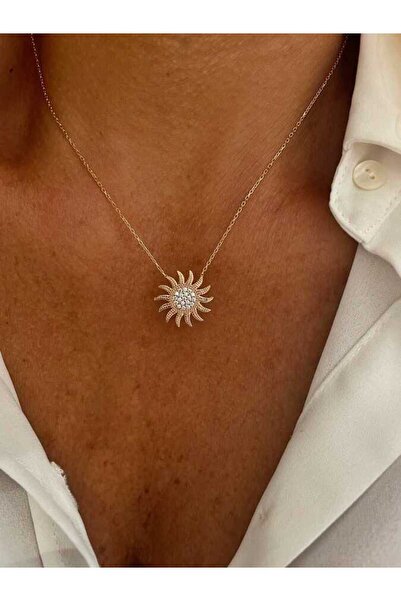 takı tak silver Kadın 14k Gümüş Kaplama Zirkon Taşlı Güneş Model Kolye