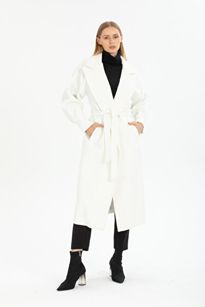 Pitti White Women's Long Coat with Balloon Sleeves - Lined, 70616