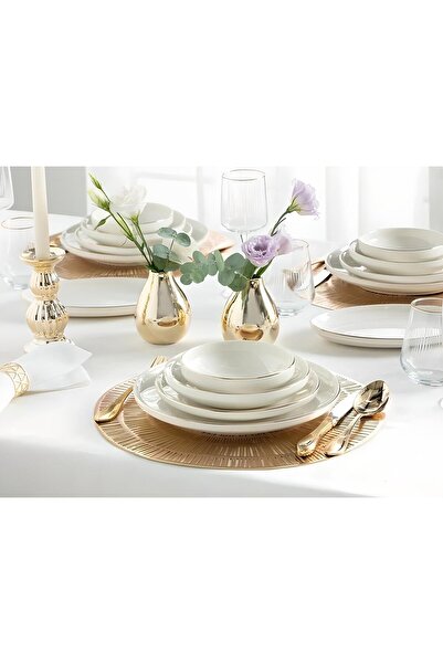 porselenden Modern Gold Altın 2li 25 Cm Porselen Orta Boy Krem Kayık Sunum Tabağı Servis Seti