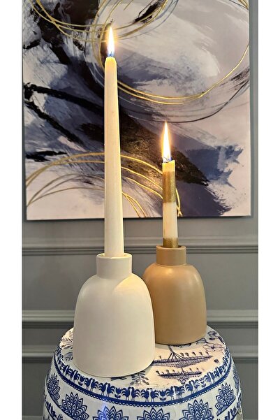 AstreHome Seramik Dekoratif 2'li Set Şamdan Mumluk- Krem-mocha