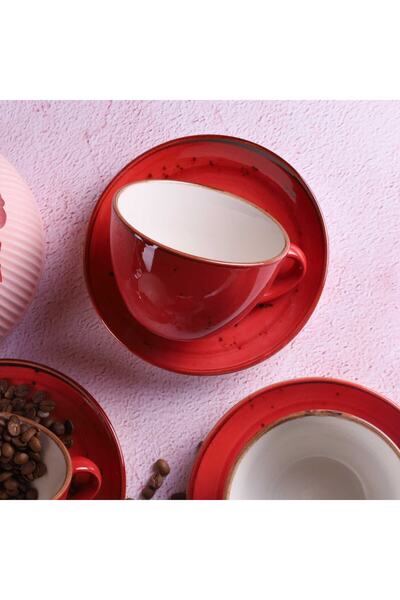 Tulü Porselen Reactive 36 Kırmızı 12 Parça 6 Kişilik 300 Ml Porselen Cappucino Latte Fincan Takımı