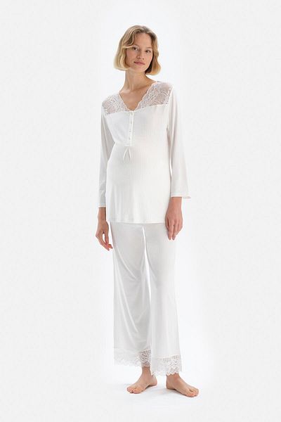 Dagi Ecru Lace Detailed Viscose Maternity Pajama Set