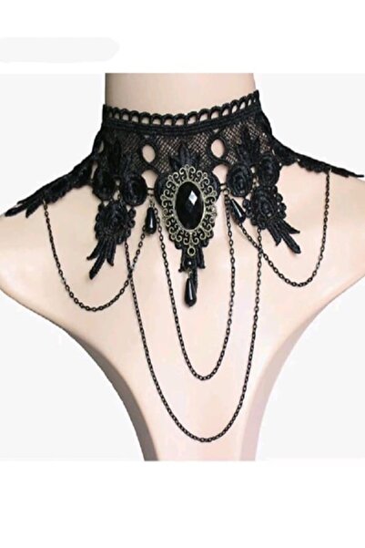 Shisa Jewel Gotik Siyah Seksi Dantel Kolye[04]