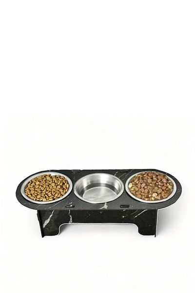 Evene 3 Steel Bowls Model 1 - Cat Food, Water and Food Bowl, Black Marble