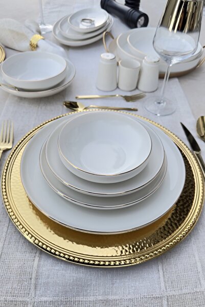 porselenden Modern Gold Altın Krem 24 Parça 6 Kişilik Yemek Takımı Sunum Seti